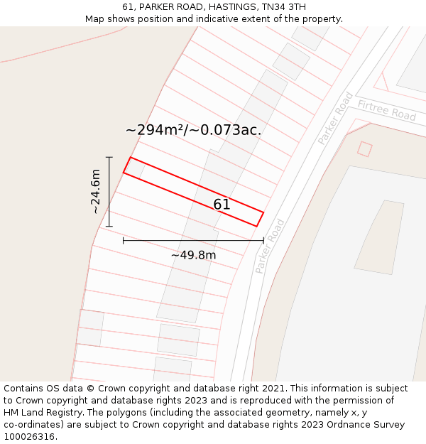 61, PARKER ROAD, HASTINGS, TN34 3TH: Plot and title map