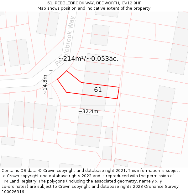 61, PEBBLEBROOK WAY, BEDWORTH, CV12 9HF: Plot and title map