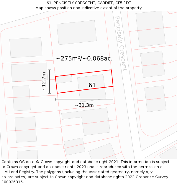 61, PENCISELY CRESCENT, CARDIFF, CF5 1DT: Plot and title map