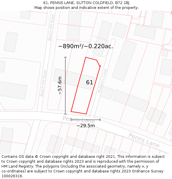 61, PENNS LANE, SUTTON COLDFIELD, B72 1BJ: Plot and title map