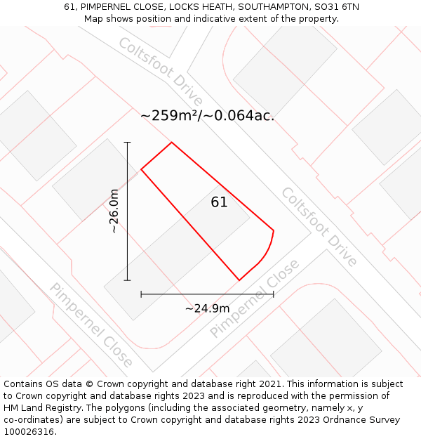 61, PIMPERNEL CLOSE, LOCKS HEATH, SOUTHAMPTON, SO31 6TN: Plot and title map