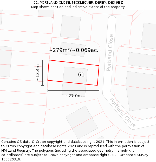 61, PORTLAND CLOSE, MICKLEOVER, DERBY, DE3 9BZ: Plot and title map