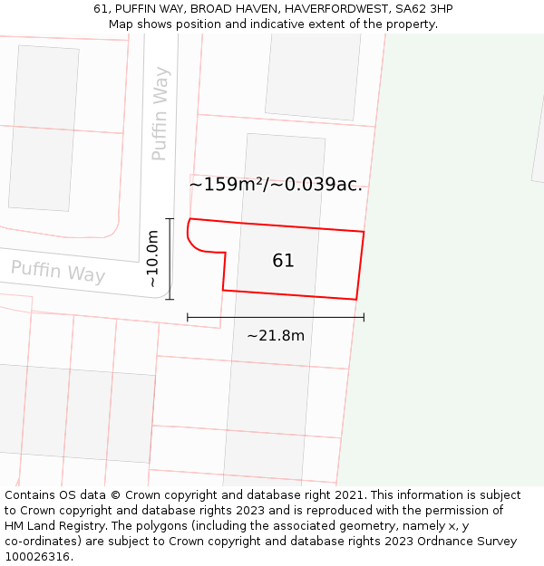 61, PUFFIN WAY, BROAD HAVEN, HAVERFORDWEST, SA62 3HP: Plot and title map