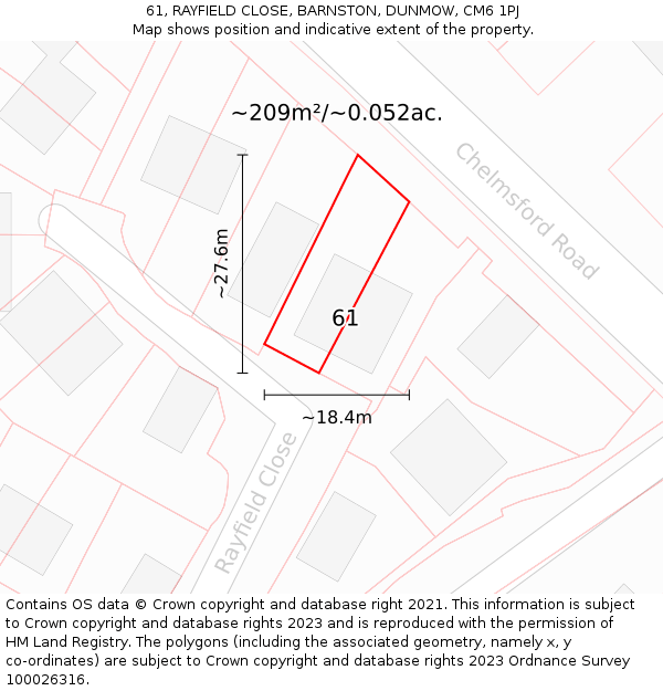 61, RAYFIELD CLOSE, BARNSTON, DUNMOW, CM6 1PJ: Plot and title map