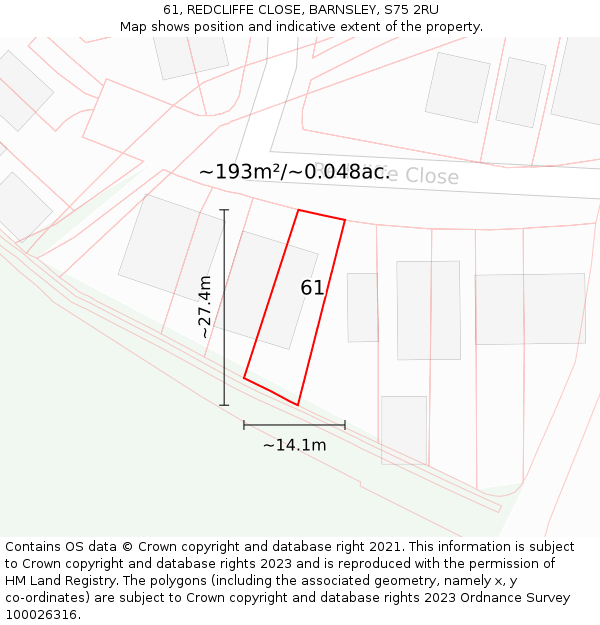 61, REDCLIFFE CLOSE, BARNSLEY, S75 2RU: Plot and title map