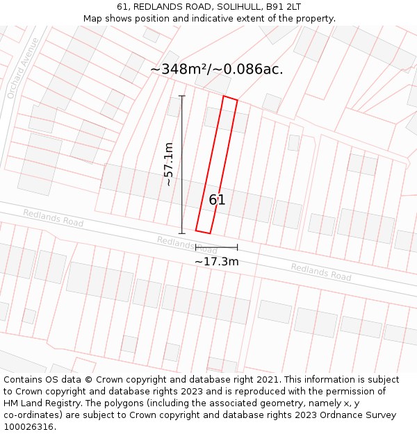 61, REDLANDS ROAD, SOLIHULL, B91 2LT: Plot and title map