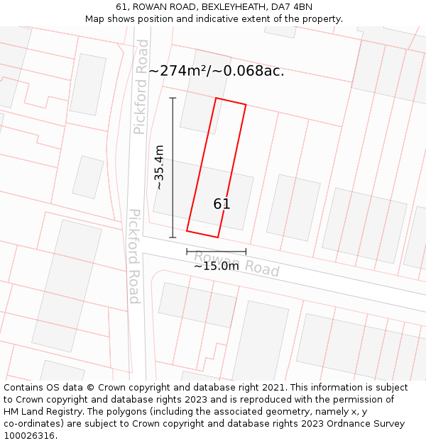61, ROWAN ROAD, BEXLEYHEATH, DA7 4BN: Plot and title map