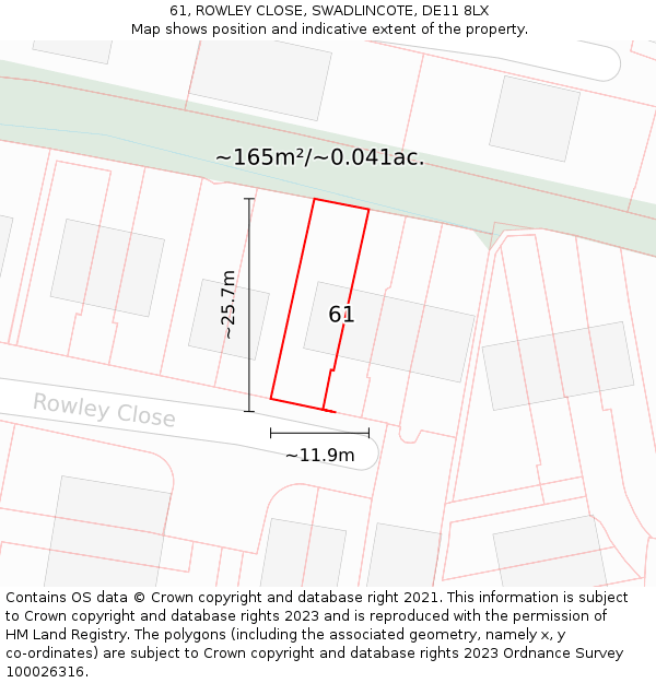 61, ROWLEY CLOSE, SWADLINCOTE, DE11 8LX: Plot and title map