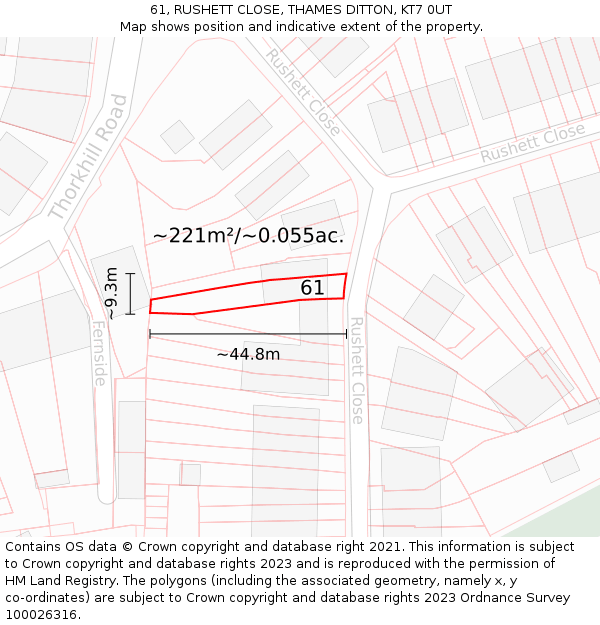 61, RUSHETT CLOSE, THAMES DITTON, KT7 0UT: Plot and title map