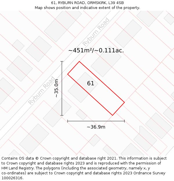 61, RYBURN ROAD, ORMSKIRK, L39 4SB: Plot and title map