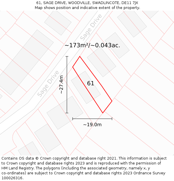 61, SAGE DRIVE, WOODVILLE, SWADLINCOTE, DE11 7JX: Plot and title map
