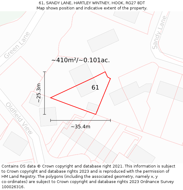 61, SANDY LANE, HARTLEY WINTNEY, HOOK, RG27 8DT: Plot and title map