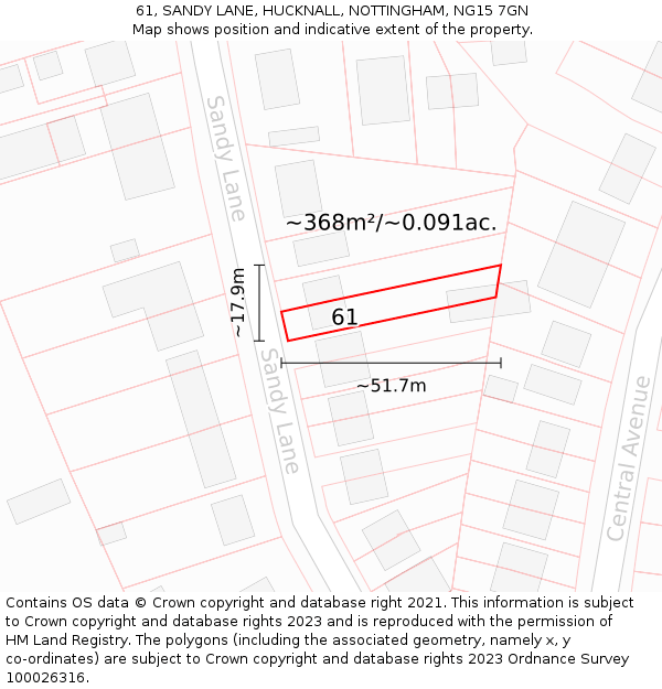 61, SANDY LANE, HUCKNALL, NOTTINGHAM, NG15 7GN: Plot and title map