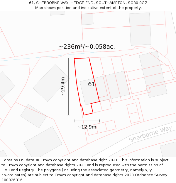 61, SHERBORNE WAY, HEDGE END, SOUTHAMPTON, SO30 0GZ: Plot and title map