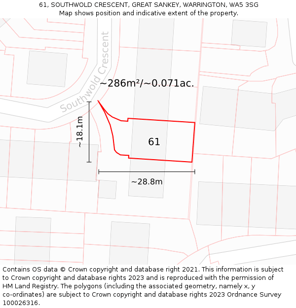 61, SOUTHWOLD CRESCENT, GREAT SANKEY, WARRINGTON, WA5 3SG: Plot and title map