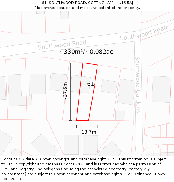 61, SOUTHWOOD ROAD, COTTINGHAM, HU16 5AJ: Plot and title map