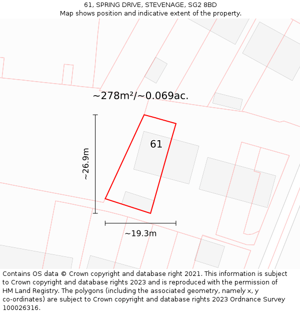 61, SPRING DRIVE, STEVENAGE, SG2 8BD: Plot and title map