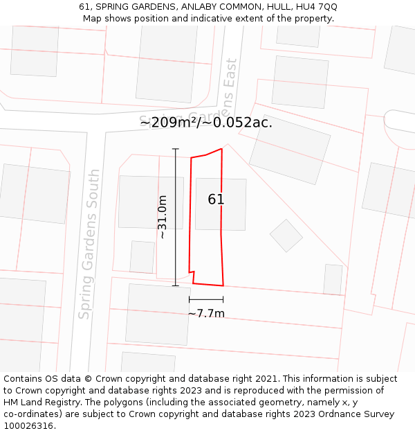 61, SPRING GARDENS, ANLABY COMMON, HULL, HU4 7QQ: Plot and title map