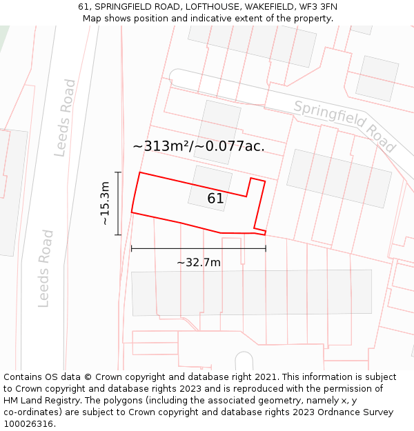 61, SPRINGFIELD ROAD, LOFTHOUSE, WAKEFIELD, WF3 3FN: Plot and title map