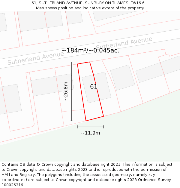 61, SUTHERLAND AVENUE, SUNBURY-ON-THAMES, TW16 6LL: Plot and title map