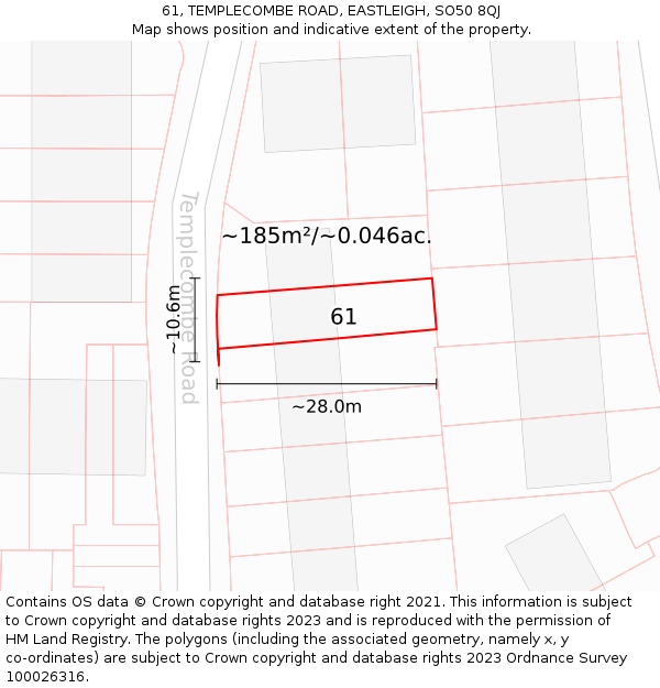 61, TEMPLECOMBE ROAD, EASTLEIGH, SO50 8QJ: Plot and title map