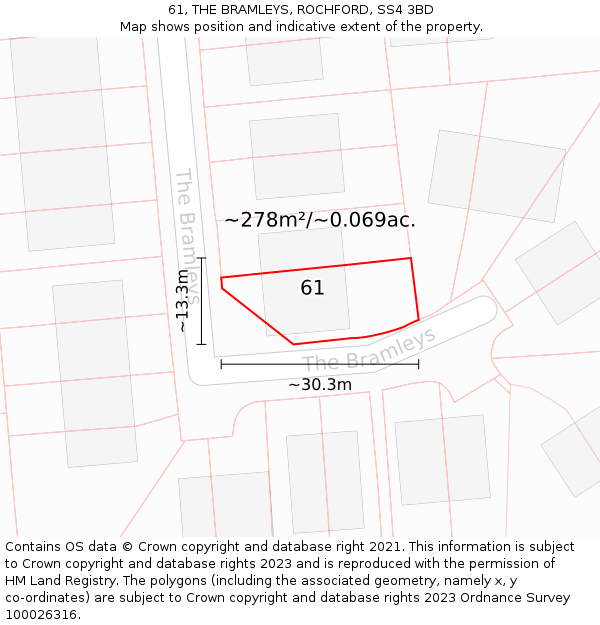 61, THE BRAMLEYS, ROCHFORD, SS4 3BD: Plot and title map