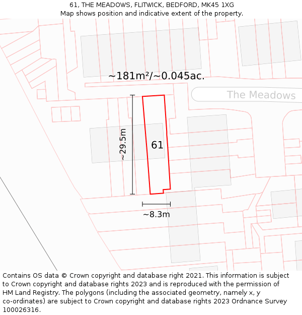 61, THE MEADOWS, FLITWICK, BEDFORD, MK45 1XG: Plot and title map