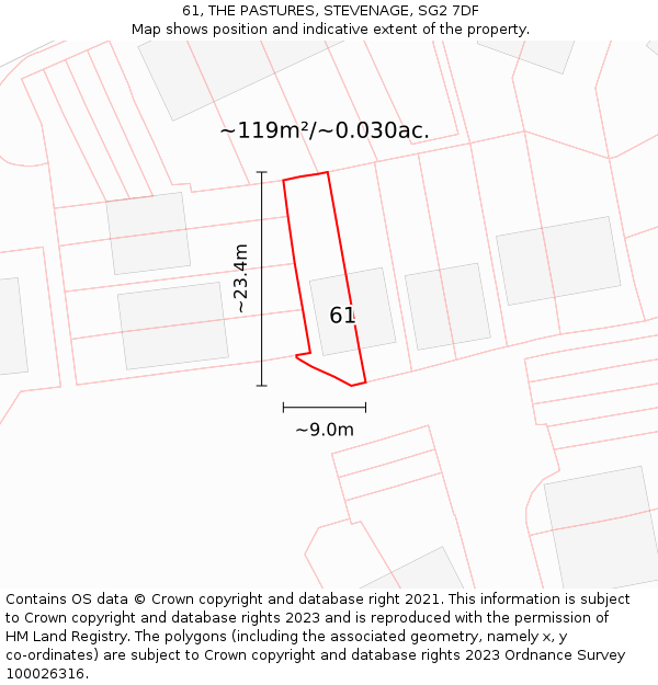 61, THE PASTURES, STEVENAGE, SG2 7DF: Plot and title map