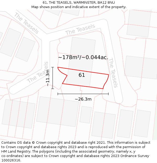 61, THE TEASELS, WARMINSTER, BA12 8NU: Plot and title map
