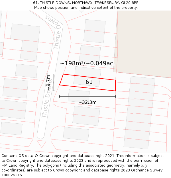 61, THISTLE DOWNS, NORTHWAY, TEWKESBURY, GL20 8RE: Plot and title map