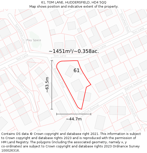 61, TOM LANE, HUDDERSFIELD, HD4 5QQ: Plot and title map