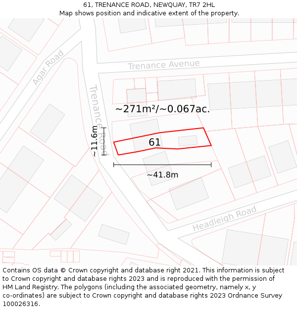 61, TRENANCE ROAD, NEWQUAY, TR7 2HL: Plot and title map