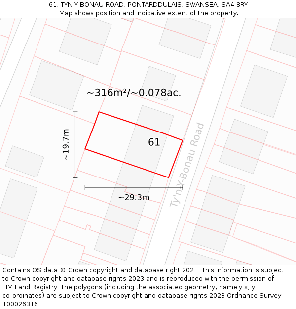 61, TYN Y BONAU ROAD, PONTARDDULAIS, SWANSEA, SA4 8RY: Plot and title map