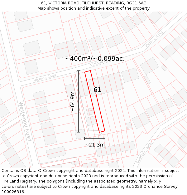 61, VICTORIA ROAD, TILEHURST, READING, RG31 5AB: Plot and title map