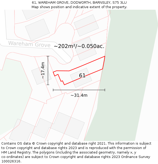 61, WAREHAM GROVE, DODWORTH, BARNSLEY, S75 3LU: Plot and title map
