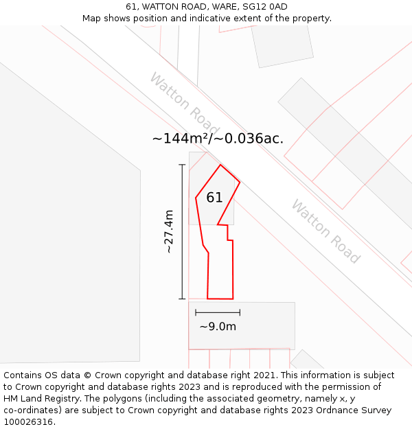 61, WATTON ROAD, WARE, SG12 0AD: Plot and title map