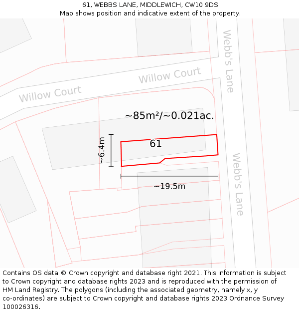 61, WEBBS LANE, MIDDLEWICH, CW10 9DS: Plot and title map