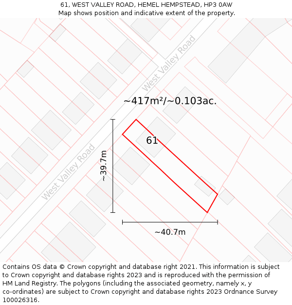 61, WEST VALLEY ROAD, HEMEL HEMPSTEAD, HP3 0AW: Plot and title map