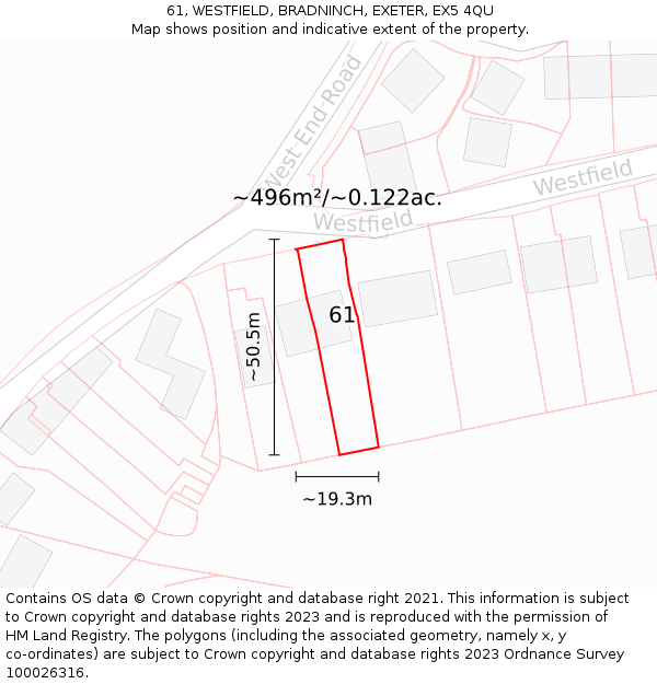 61, WESTFIELD, BRADNINCH, EXETER, EX5 4QU: Plot and title map
