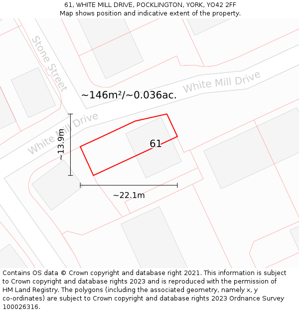 61, WHITE MILL DRIVE, POCKLINGTON, YORK, YO42 2FF: Plot and title map