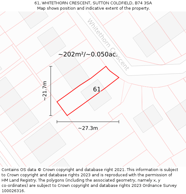 61, WHITETHORN CRESCENT, SUTTON COLDFIELD, B74 3SA: Plot and title map