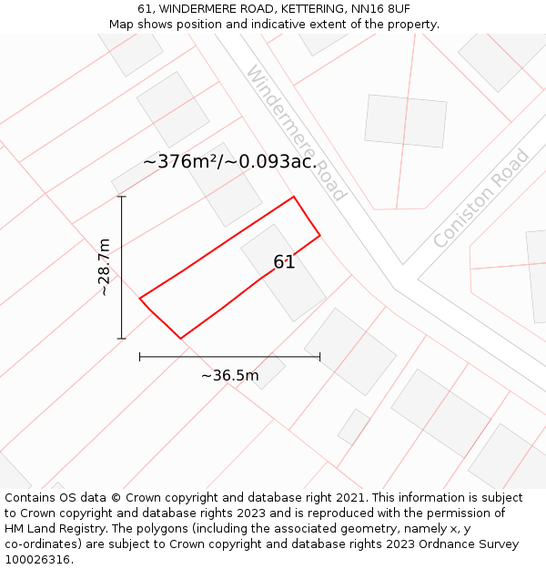 61, WINDERMERE ROAD, KETTERING, NN16 8UF: Plot and title map