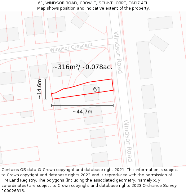 61, WINDSOR ROAD, CROWLE, SCUNTHORPE, DN17 4EL: Plot and title map