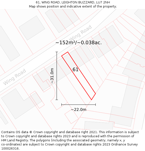 61, WING ROAD, LEIGHTON BUZZARD, LU7 2NH: Plot and title map