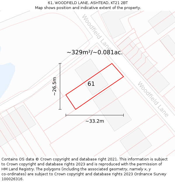 61, WOODFIELD LANE, ASHTEAD, KT21 2BT: Plot and title map