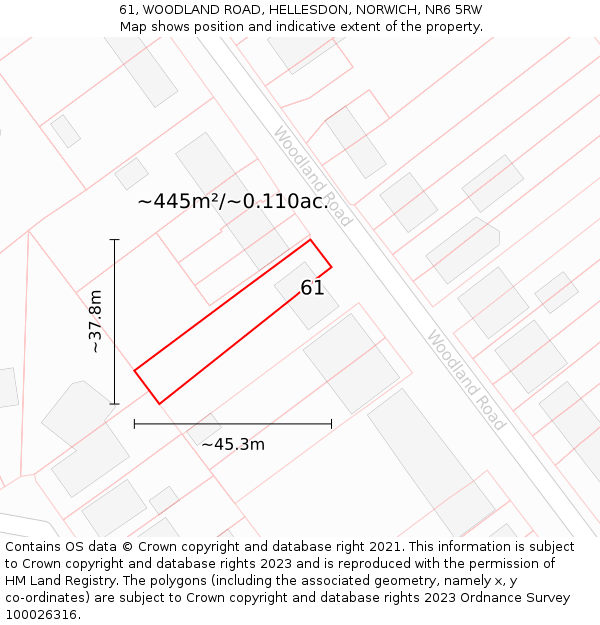 61, WOODLAND ROAD, HELLESDON, NORWICH, NR6 5RW: Plot and title map