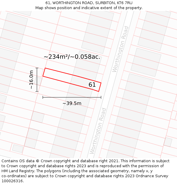61, WORTHINGTON ROAD, SURBITON, KT6 7RU: Plot and title map