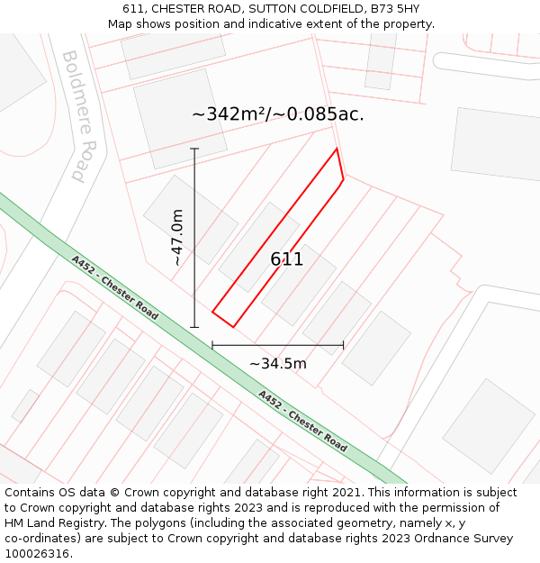 611, CHESTER ROAD, SUTTON COLDFIELD, B73 5HY: Plot and title map