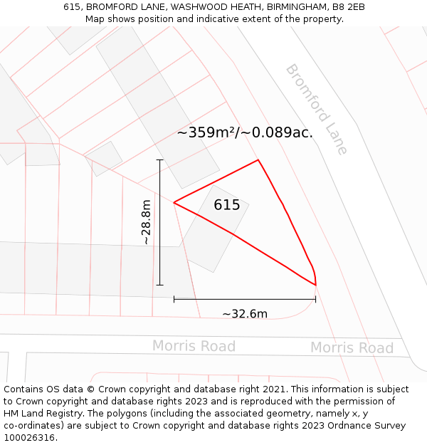 615, BROMFORD LANE, WASHWOOD HEATH, BIRMINGHAM, B8 2EB: Plot and title map