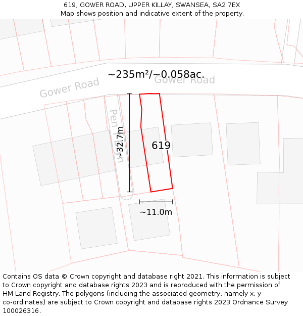 619, GOWER ROAD, UPPER KILLAY, SWANSEA, SA2 7EX: Plot and title map